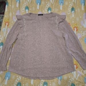 Cable & Gauge Mauve Sweater with Ruffle and Pearl Accents